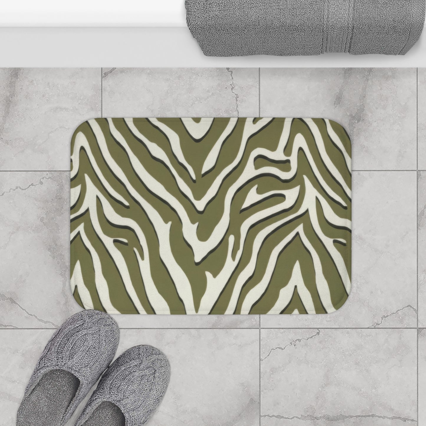 Sage Green Zebra Print Bath Mat, Modern Chevron Animal Print Bathroom Decor
