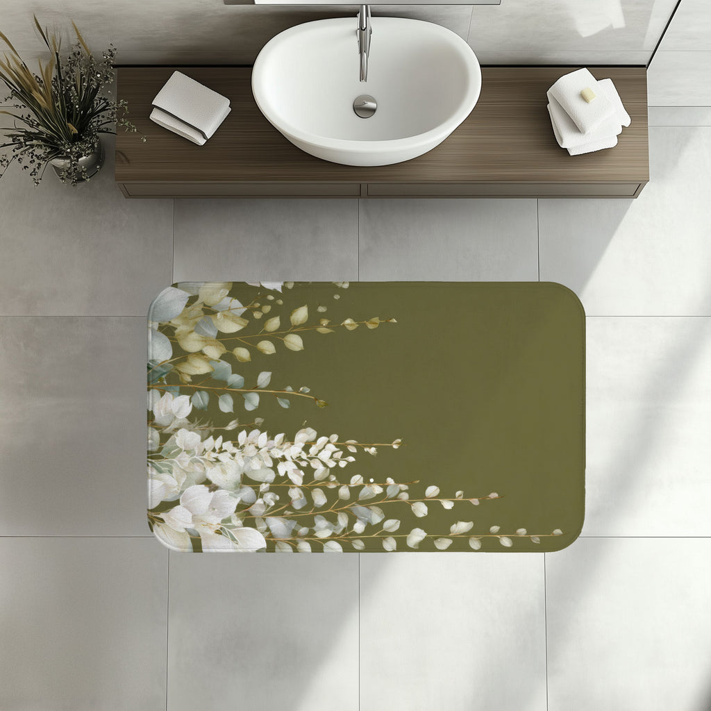 Olive Green Eucalyptus Bath Mat, Modern Earthy Minimalist Bathroom