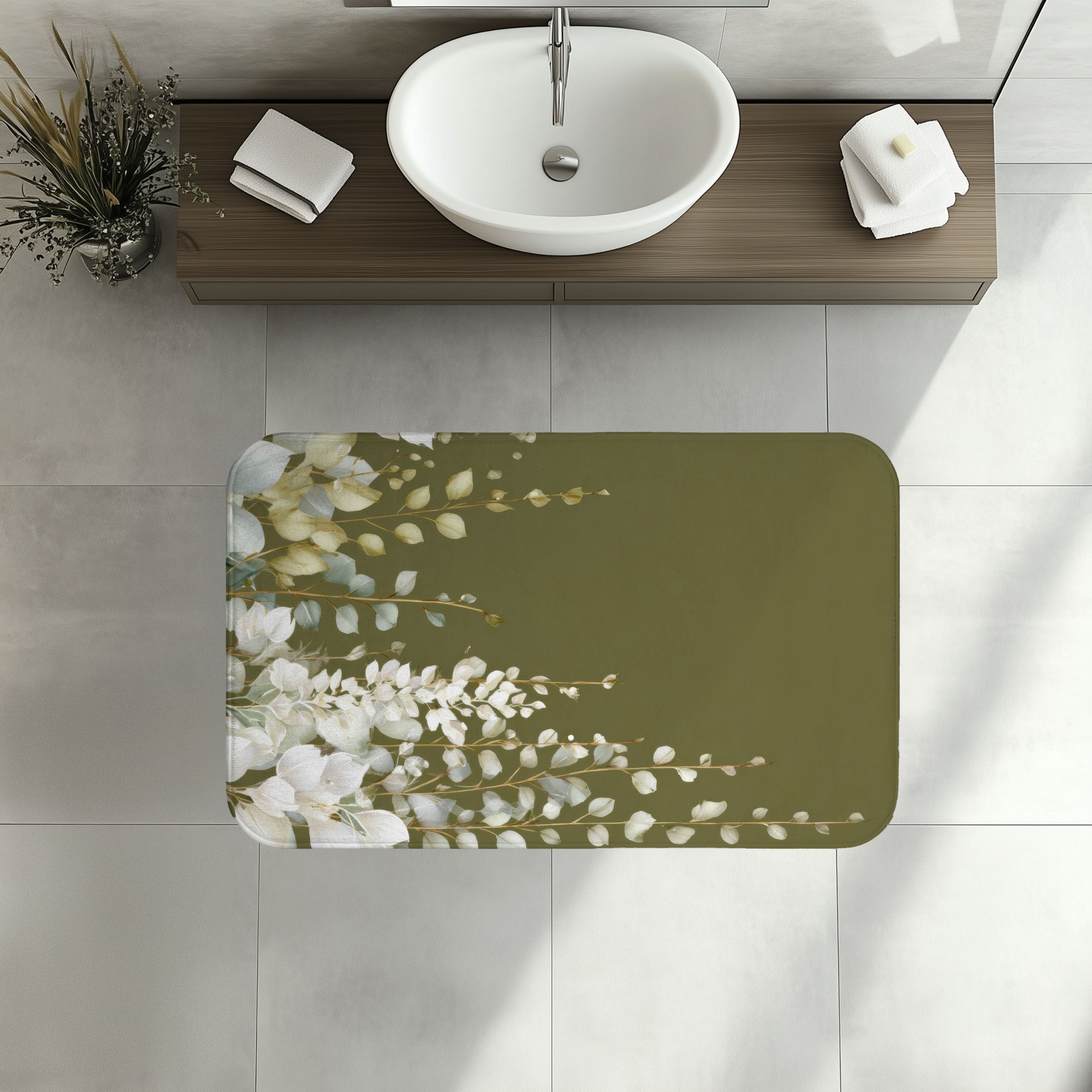 Olive Green Eucalyptus Bath Mat, Modern Earthy Minimalist Bathroom