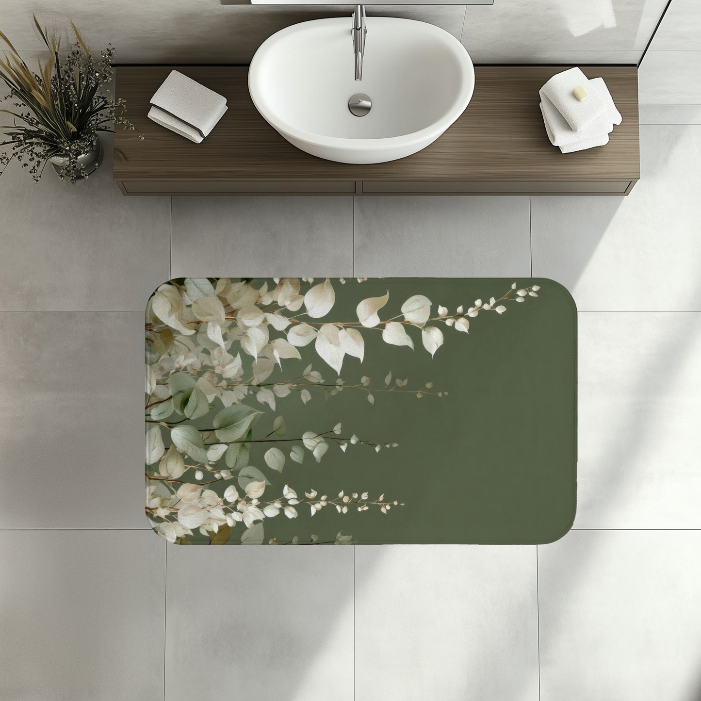 Moss Green Eucalyptus Bath Mat, Elegant Neutral Organic Spa Style