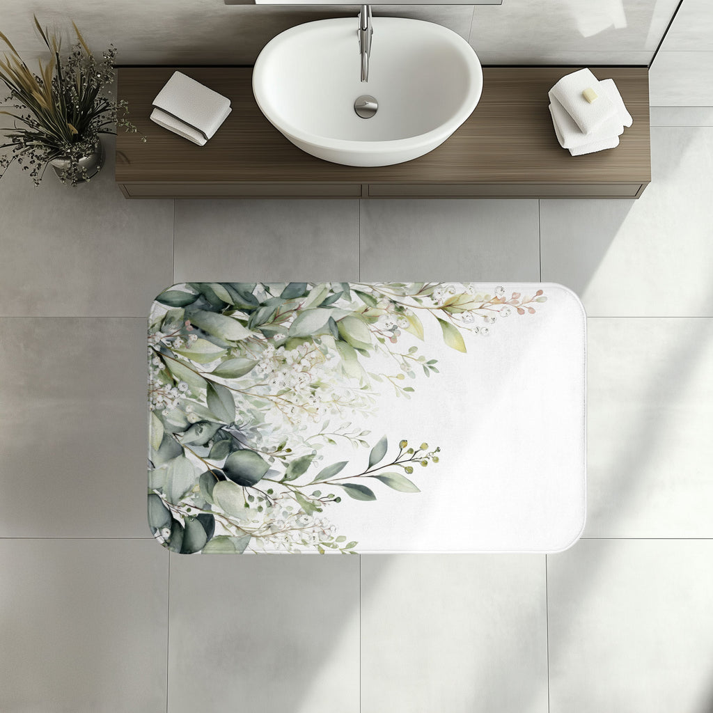 Watercolor Eucalyptus Bath Mat, Botanical Green Bathroom Decor