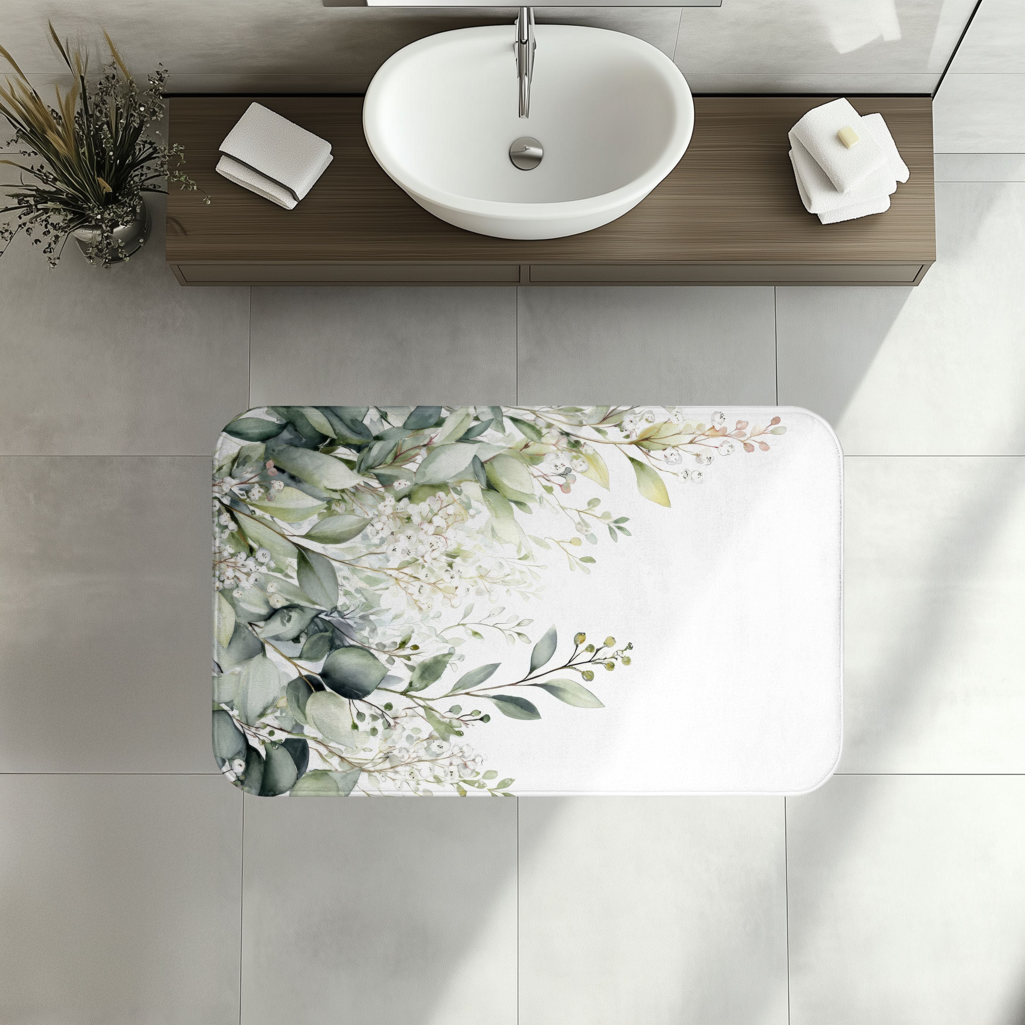 Watercolor Eucalyptus Bath Mat, Botanical Green Bathroom Decor