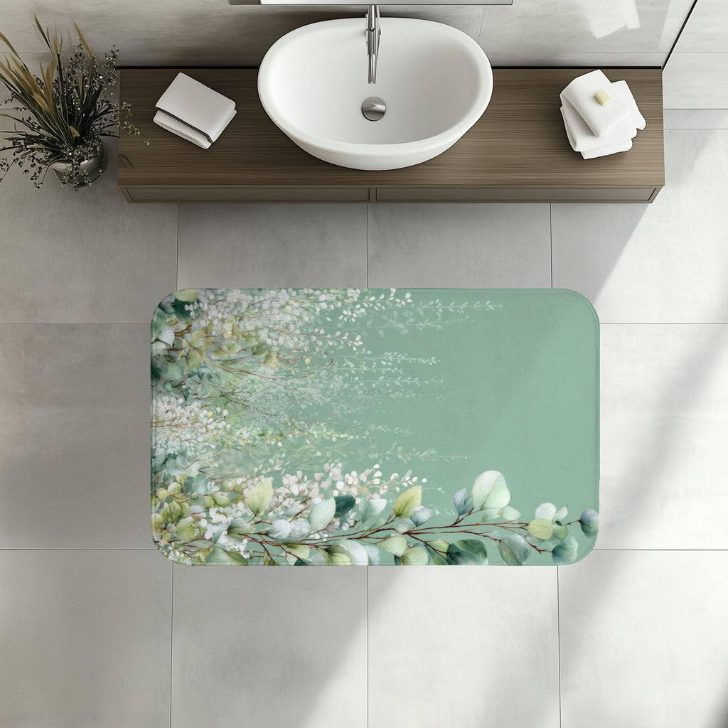 Cascading White Wisteria & Sage Eucalyptus Bath Mat, Serene Luxury Bathroom Decor