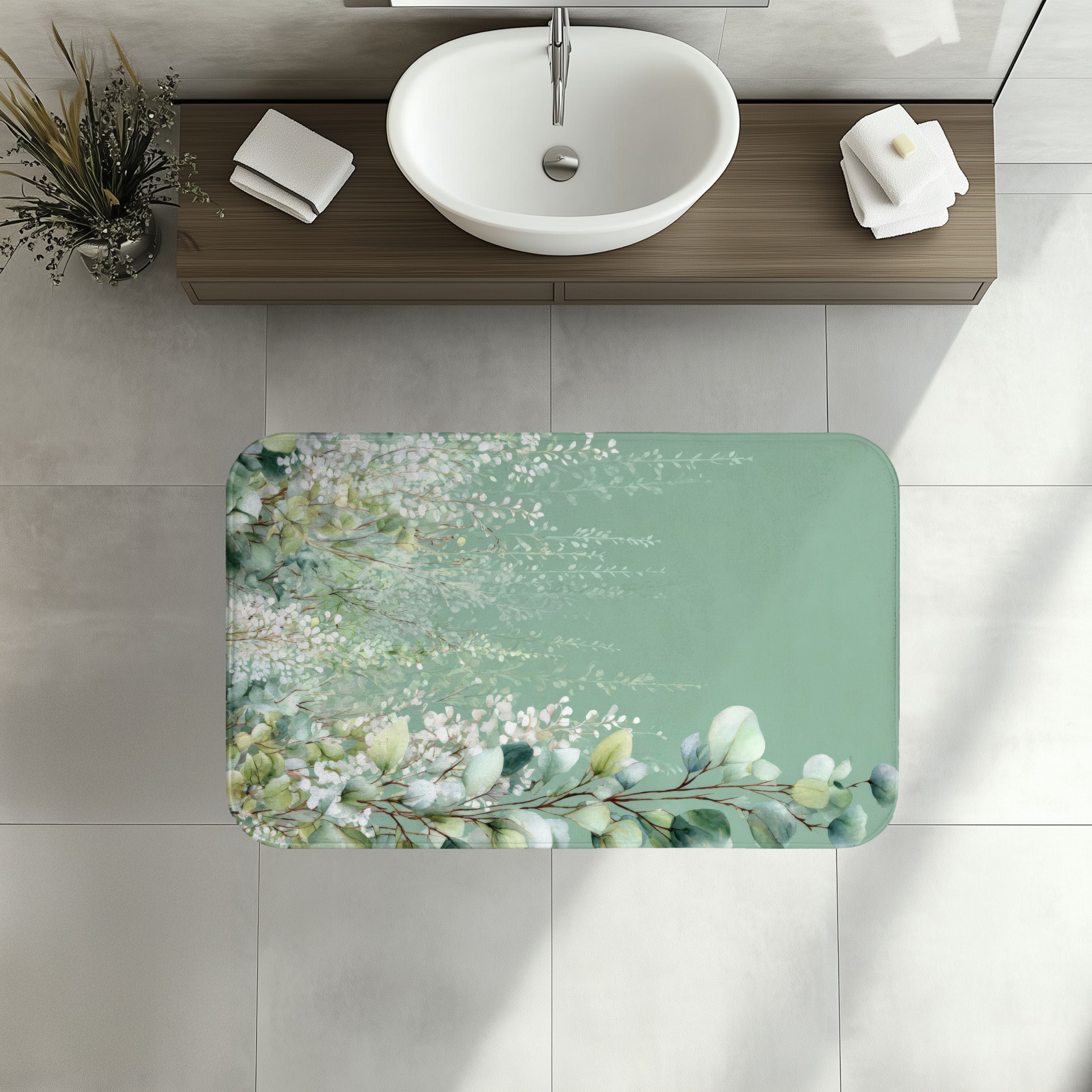 Cascading White Wisteria & Sage Eucalyptus Bath Mat, Serene Luxury Bathroom Decor