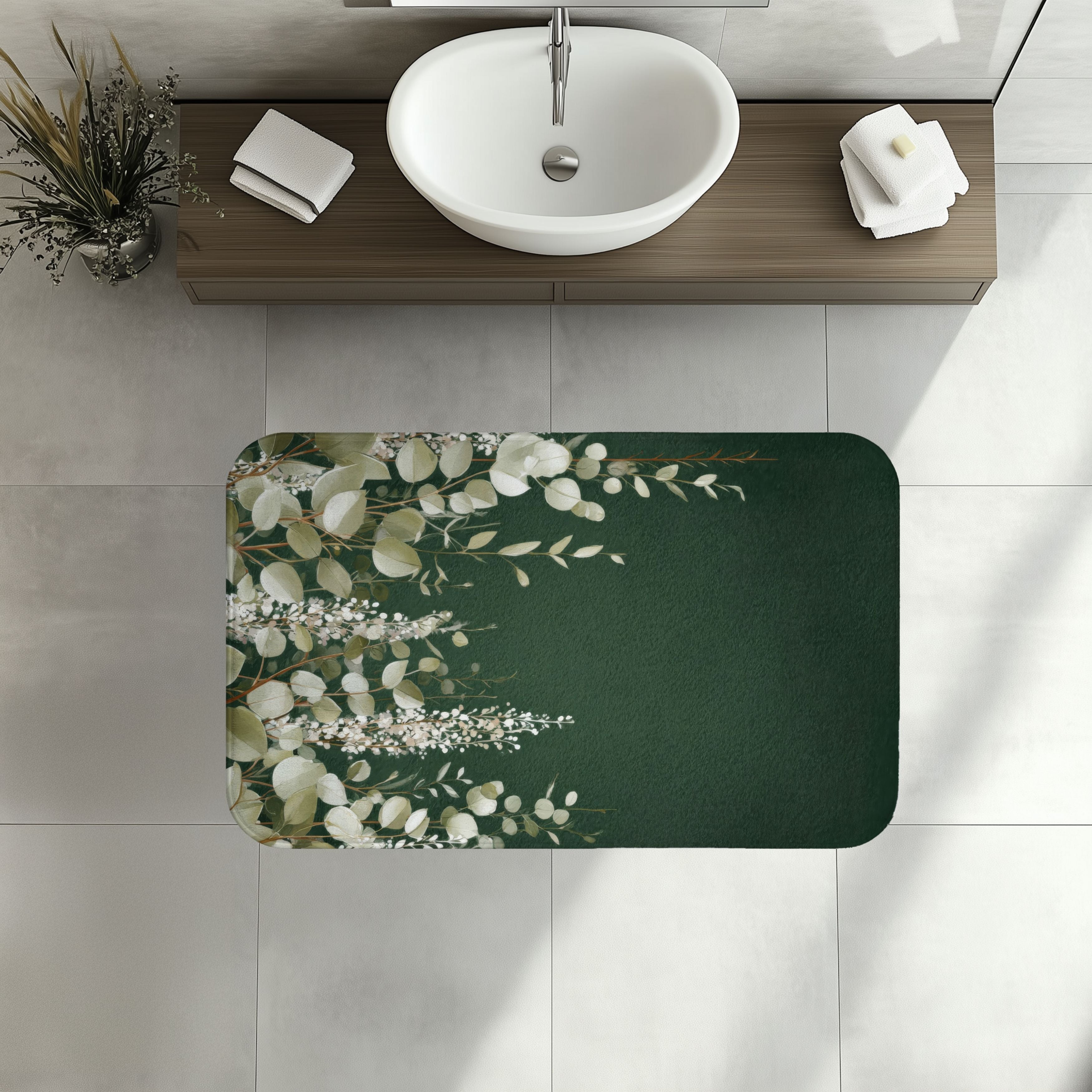 Dark Green Eucalyptus Bath Mat, Boho Botanical Bathroom Decor