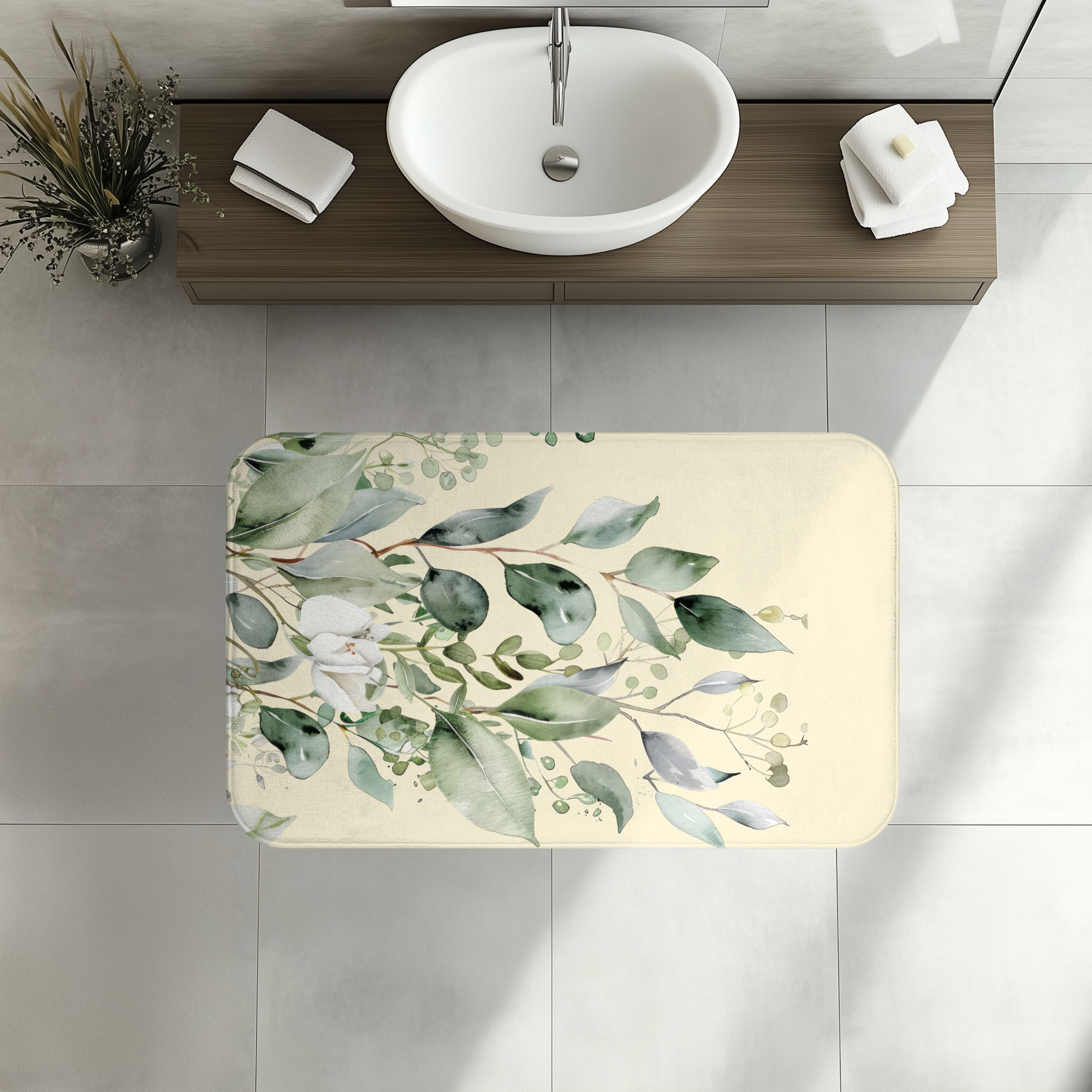 Soft Sage and Cream Eucalyptus Bath Mat, Watercolor Floral Bathroom Decor