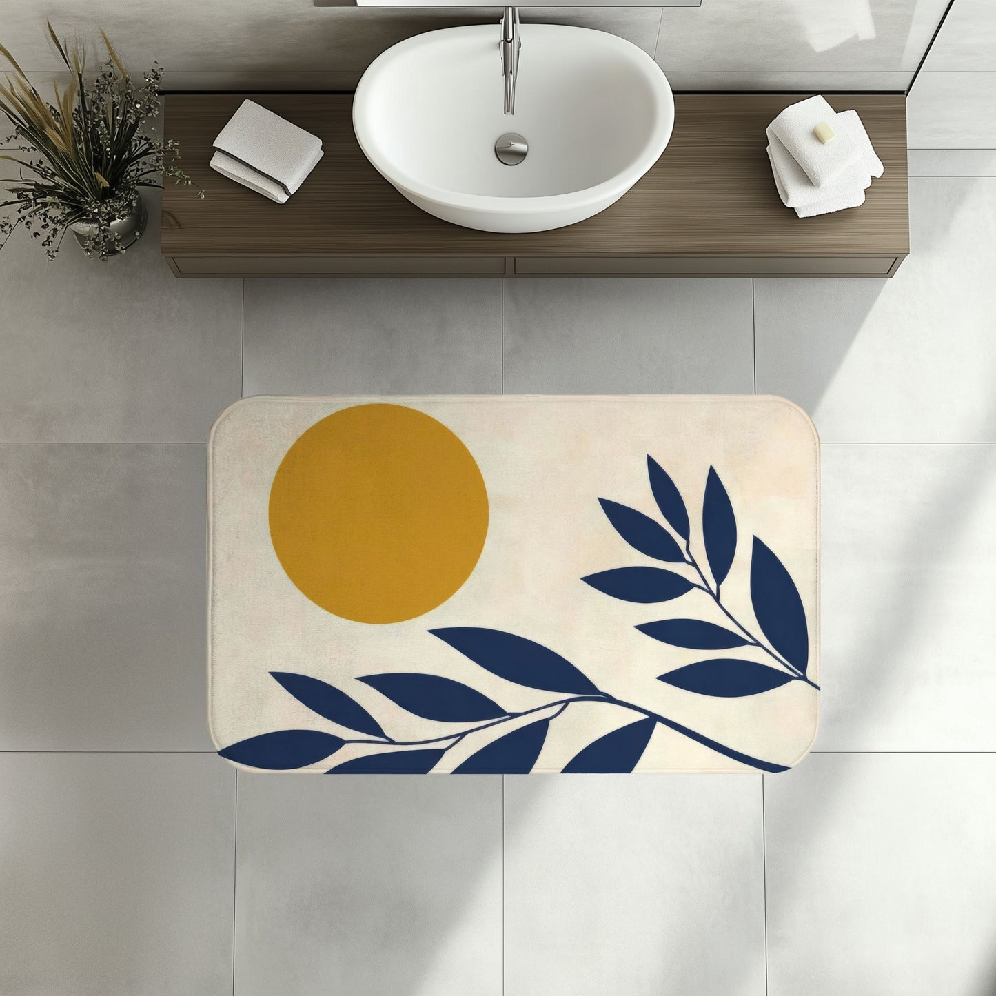 Modern Abstract Navy and Mustard Bath Mat, Aesthetic Mid Century Scandi Bathroom