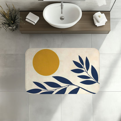 Modern Abstract Navy and Mustard Bath Mat, Aesthetic Mid Century Scandi Bathroom