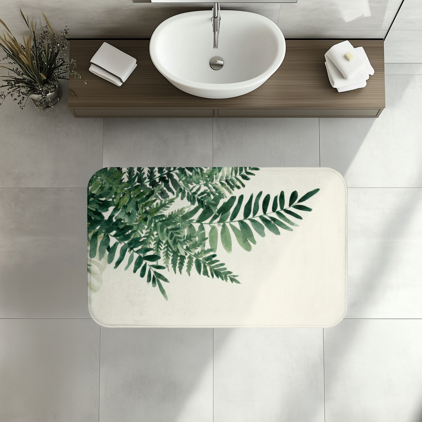 Watercolor Fern Bath Mat, Modern Minimalist Organic Bath