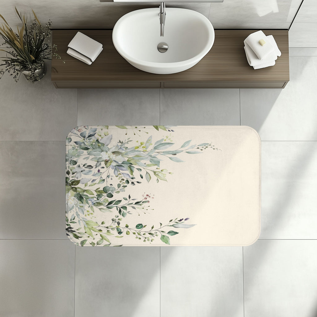 Watercolor Sage and Cream Eucalyptus Bath Mat, Boho Bathroom Decor
