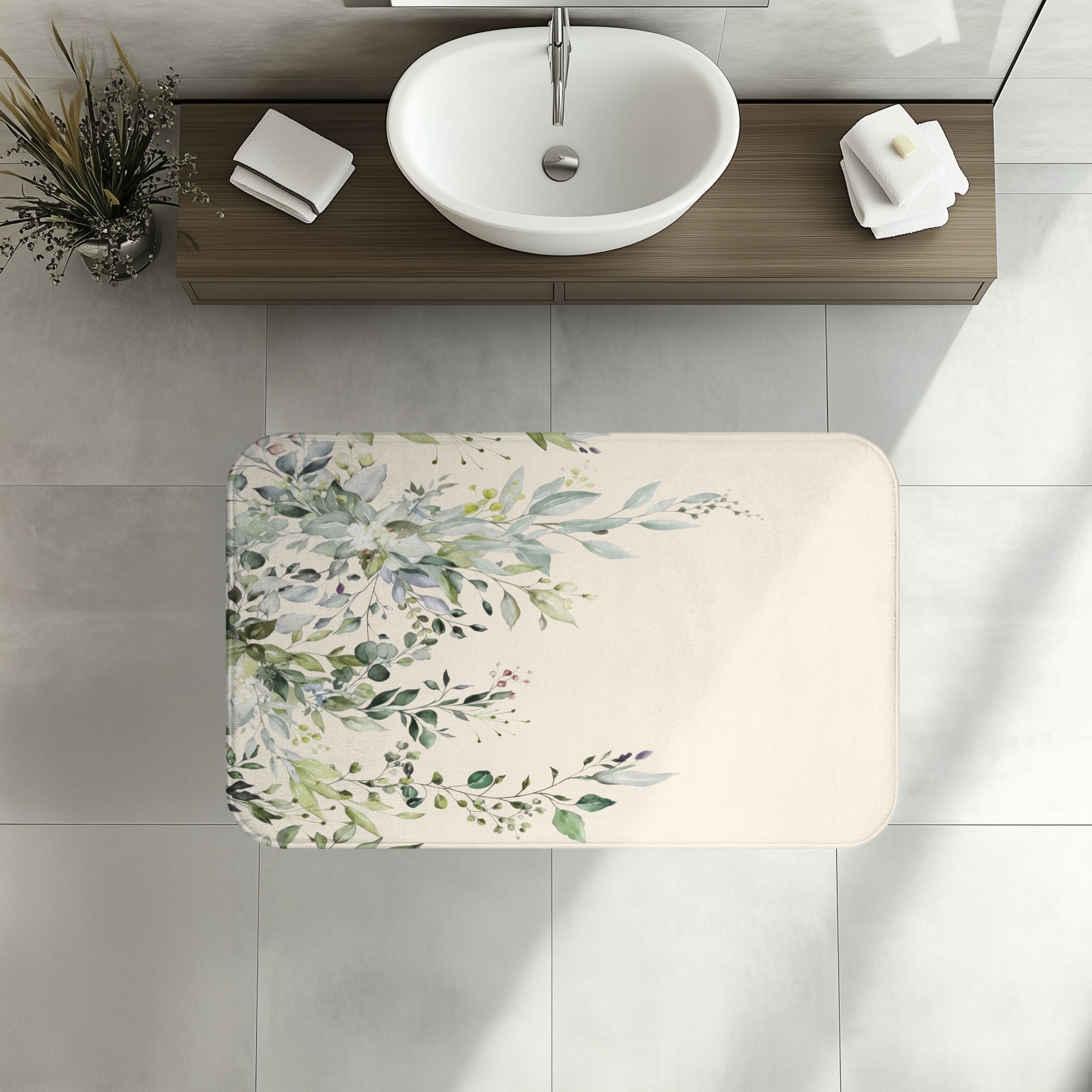 Watercolor Sage and Cream Eucalyptus Bath Mat, Boho Bathroom Decor