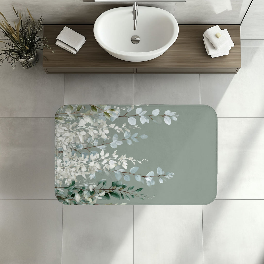 Frozen Sage Eucalyptus Bath Mat, Muted Gray Botanical Bathroom Decor