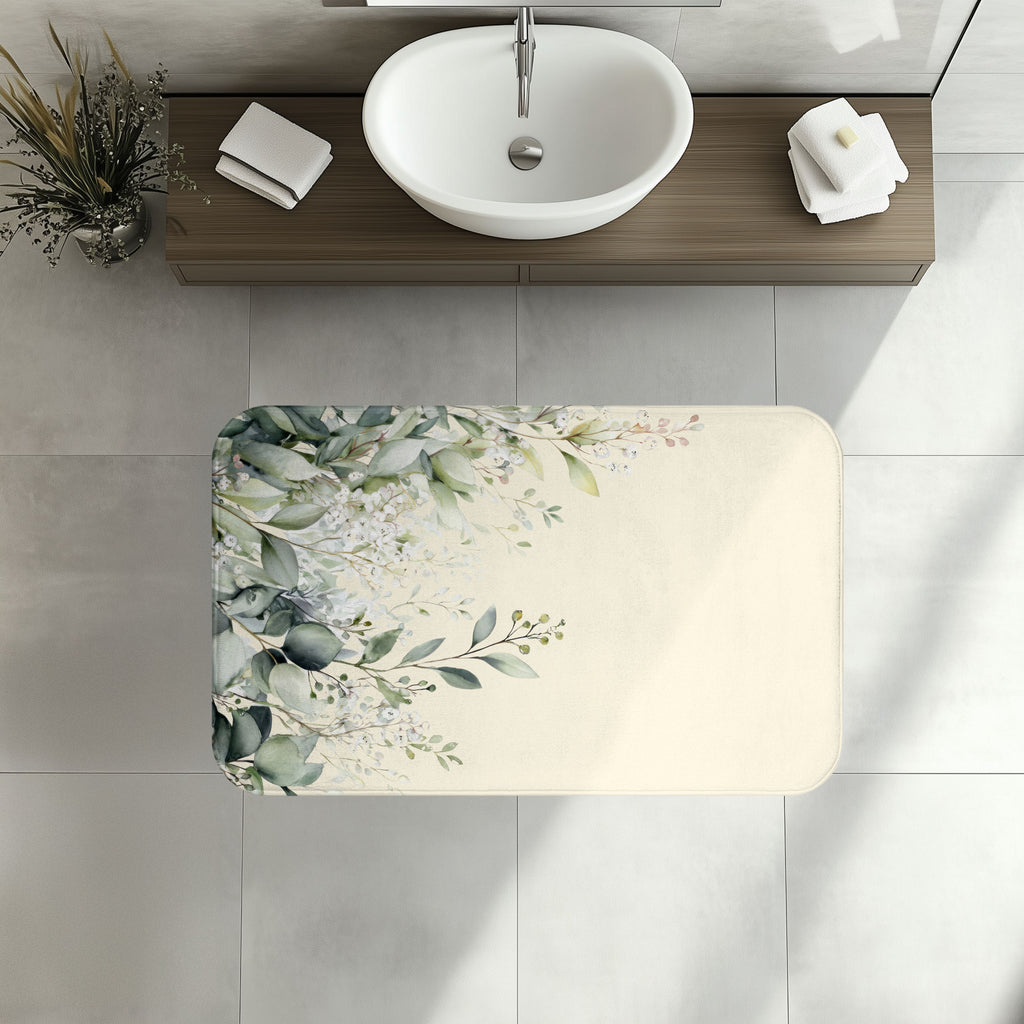 Soft Sage and Cream Eucalyptus Bath Mat, Modern Organic Spa Bathroom