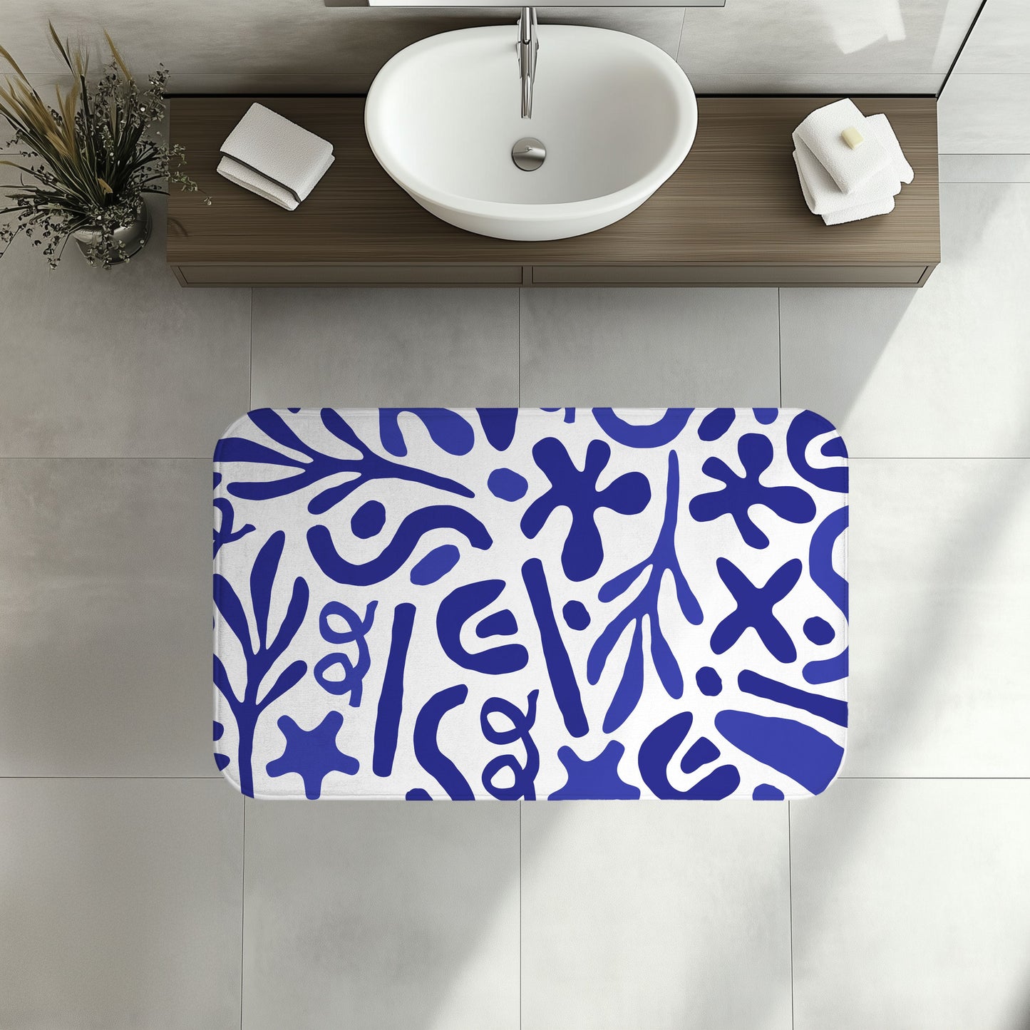 Blue Mediterranean Bath Mat, Matisse Inspired Organic Shape Bathroom Decor