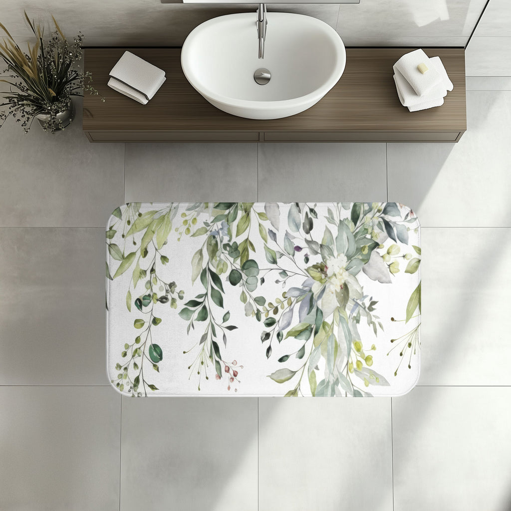 Sage Eucalyptus Bath Mat, Watercolor Greenery Bathroom Decor