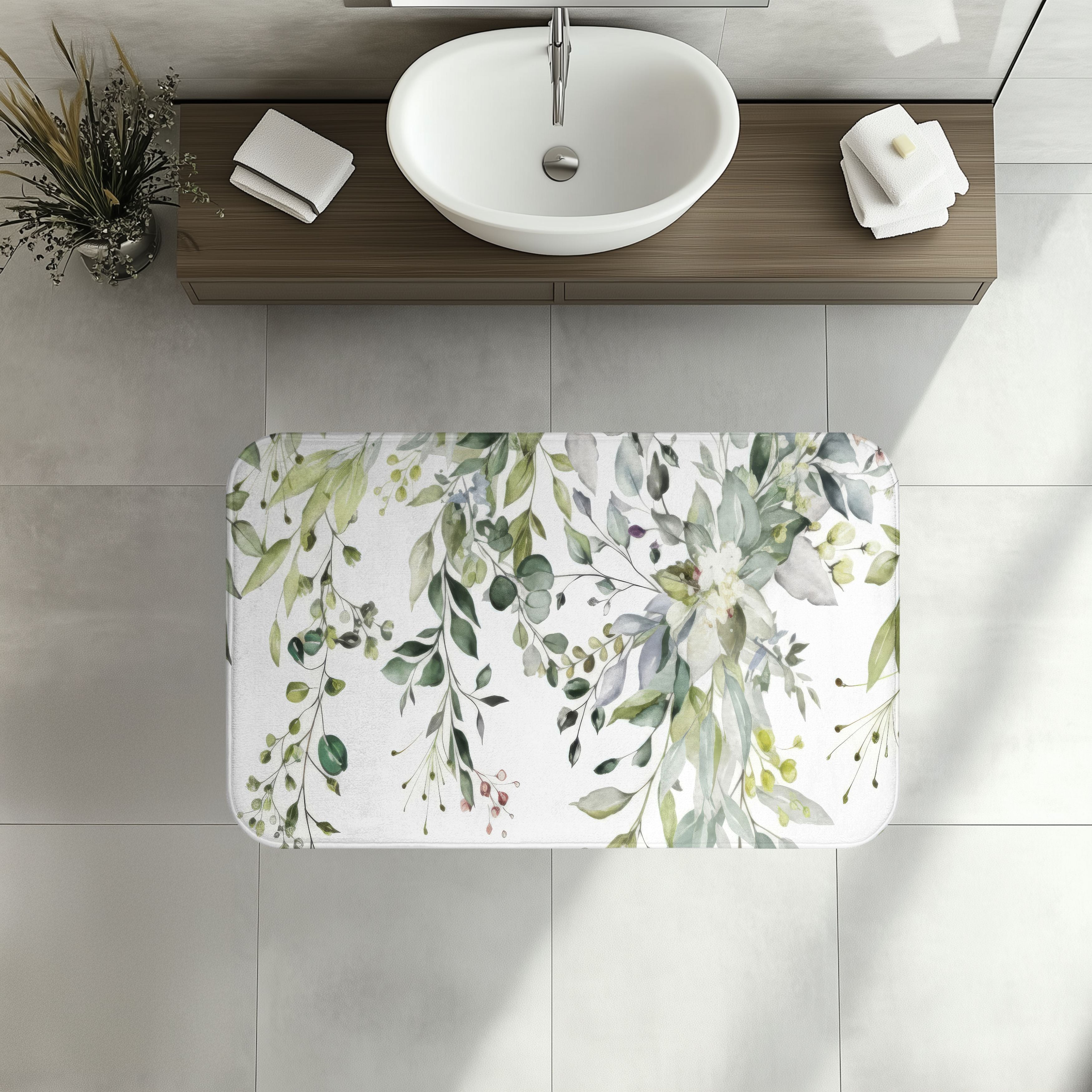 Sage Eucalyptus Bath Mat, Watercolor Greenery Bathroom Decor
