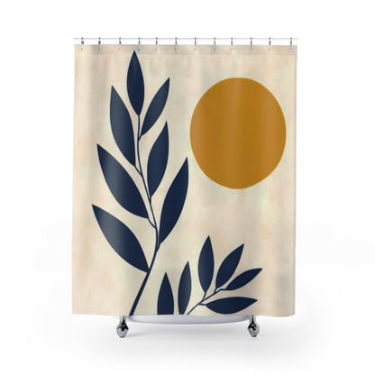 Modern Abstract Navy and Mustard Shower Curtains, Aesthetic Mid Century Scandi Bathroom