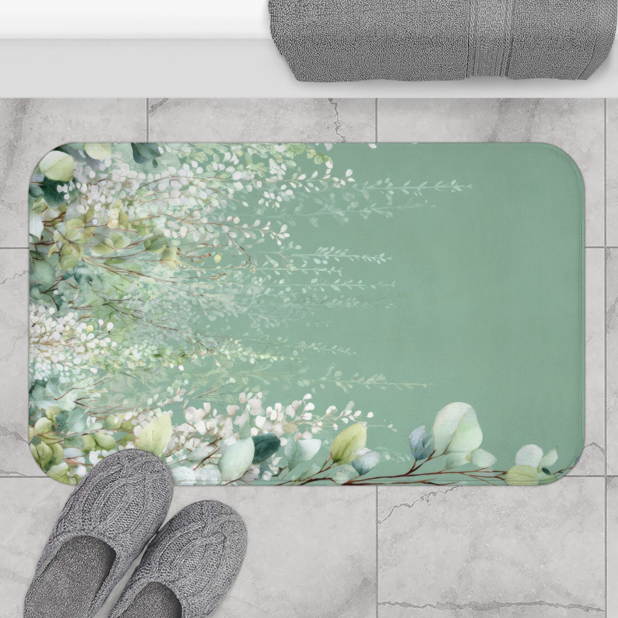 Cascading White Wisteria & Sage Eucalyptus Bath Mat, Serene Luxury Bathroom Decor