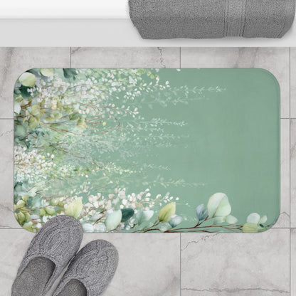 Cascading White Wisteria & Sage Eucalyptus Bath Mat, Serene Luxury Bathroom Decor