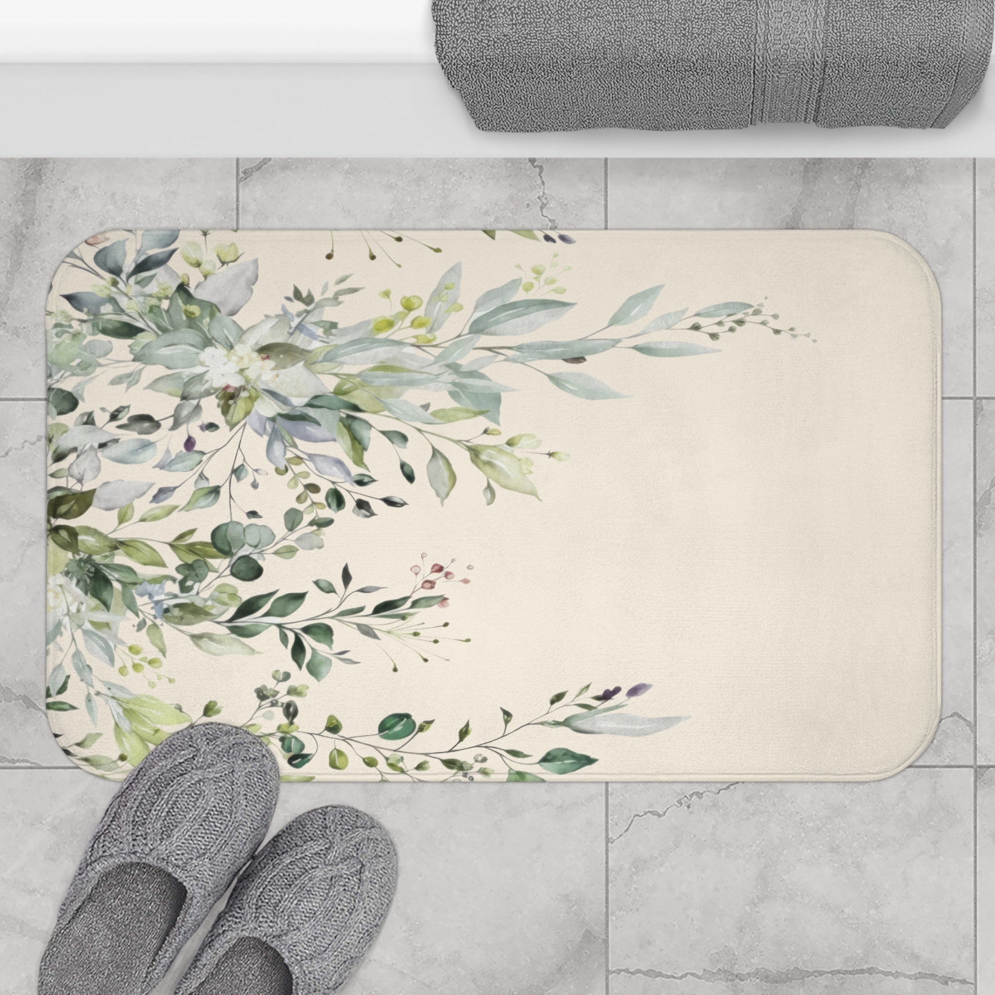 Watercolor Sage and Cream Eucalyptus Bath Mat, Boho Bathroom Decor