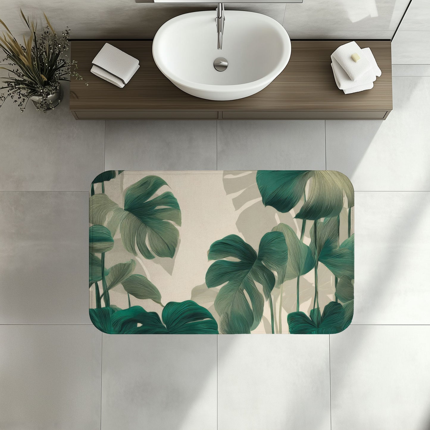 Artisan Etched Monstera Bath Mat, Sophisticated Urban Jungle Decor