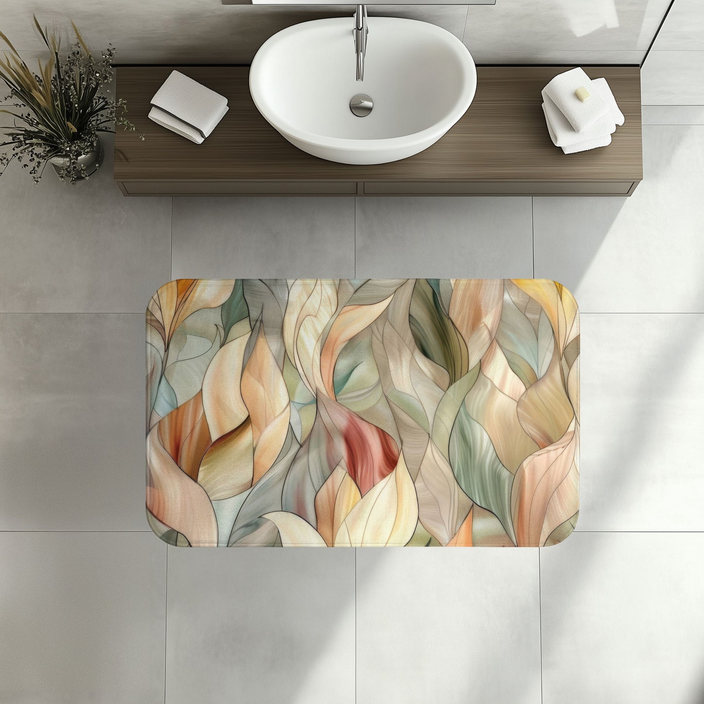 Stained Glass Leaves Design Bath Mat, Minimalist Calming Botanical Bathroom