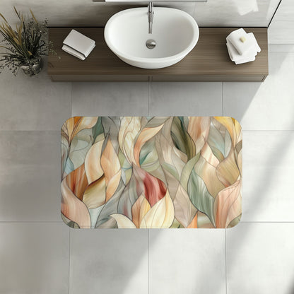 Stained Glass Leaves Design Bath Mat, Minimalist Calming Botanical Bathroom