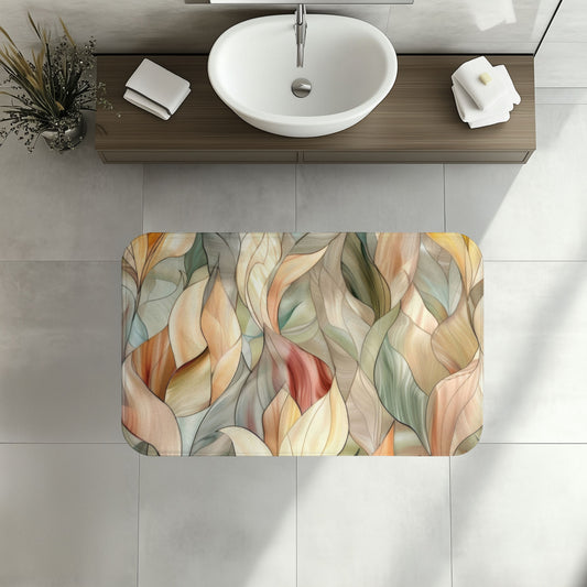 Stained Glass Leaves Design Bath Mat, Minimalist Calming Botanical Bathroom