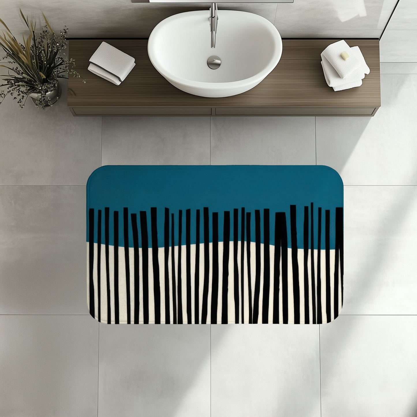 Abstract Teal Birch Bath Mat, Modern Scandinavian Home Decor