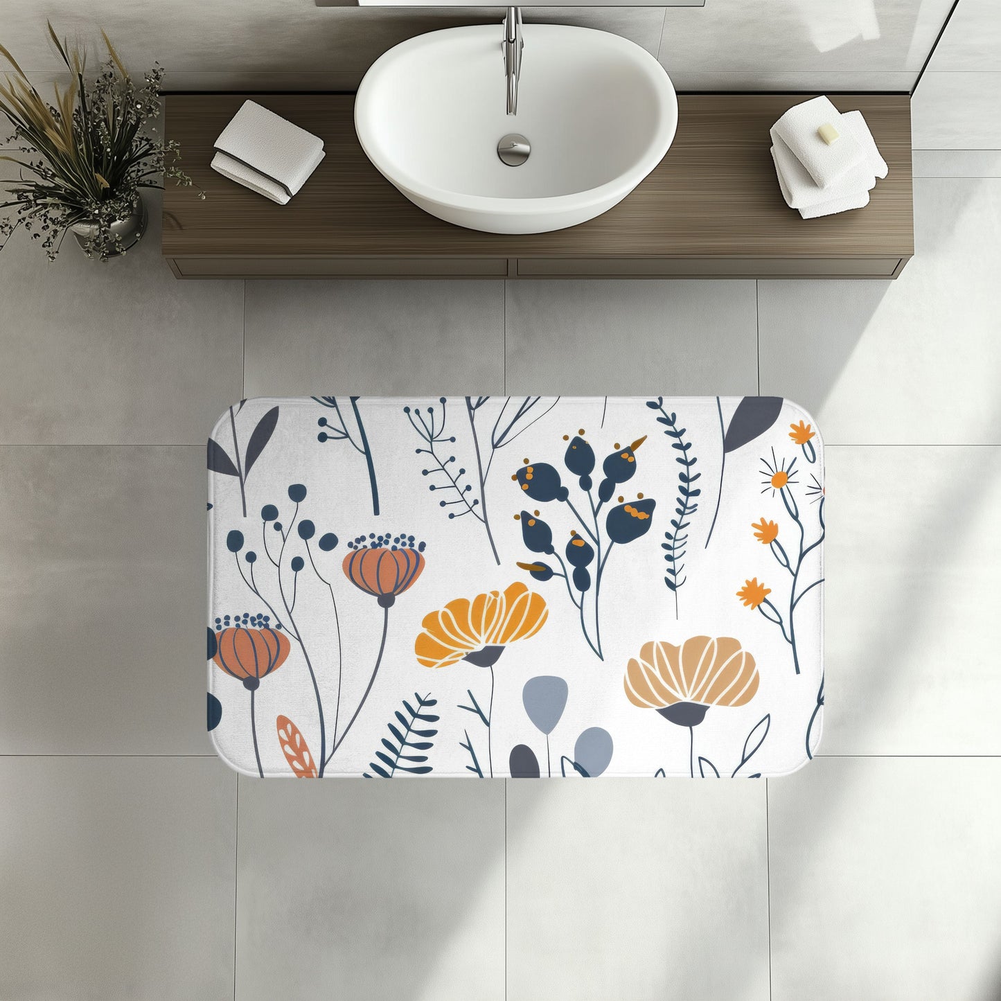Minimalist Wildflower Bath Mat, Retro Boho Bathroom Decor