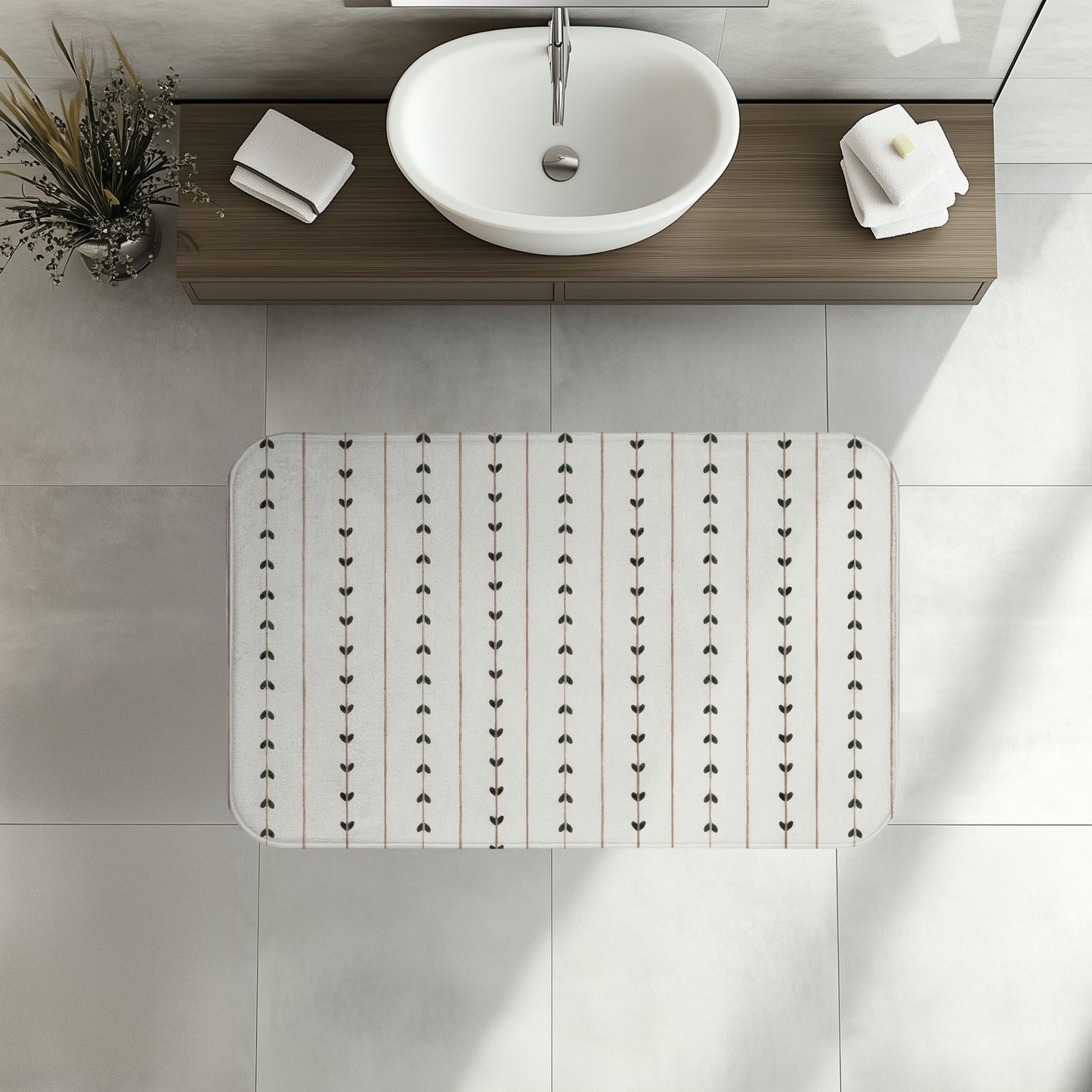 Minimalist Boho Bath Mat, Modern Scandi Vine Stripe Bathroom Decor
