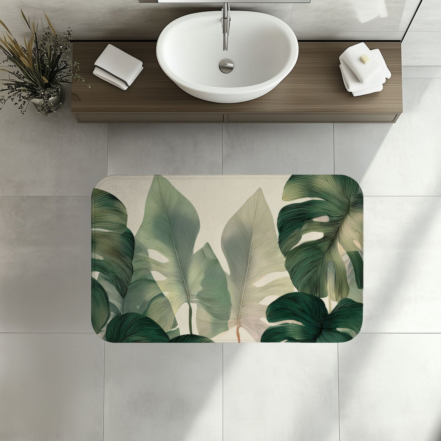 Monstera Bath Mat, Tropical Botanical Bathroom Decor