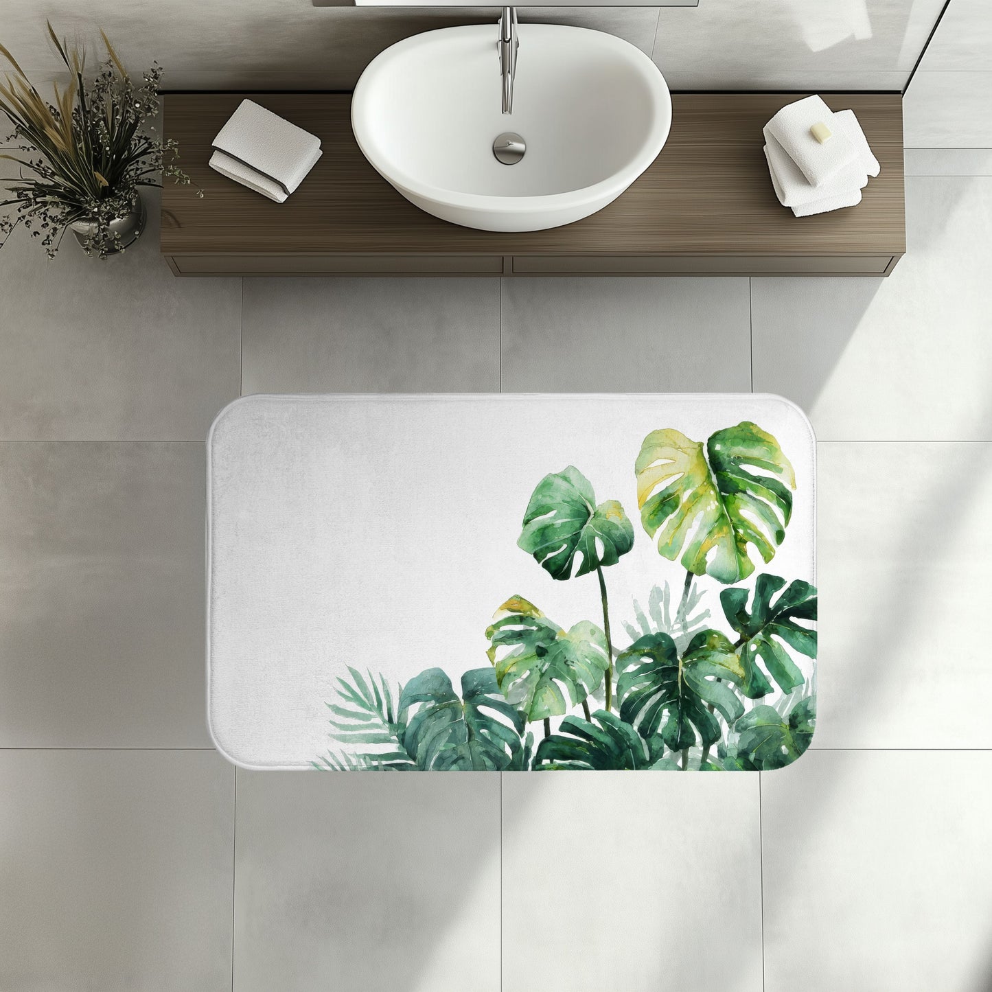 Watercolor Monstera Bath Mat, Bright Tropical Botanical Bathroom Decor