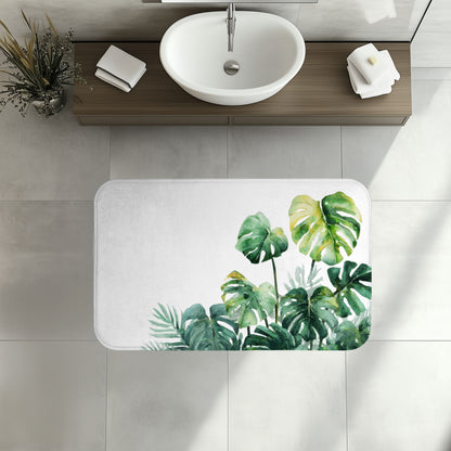 Watercolor Monstera Bath Mat, Bright Tropical Botanical Bathroom Decor