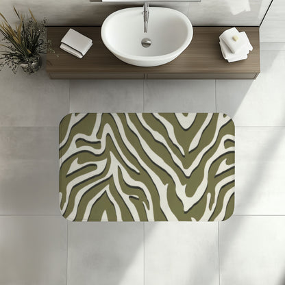 Sage Green Zebra Print Bath Mat, Modern Chevron Animal Print Bathroom Decor