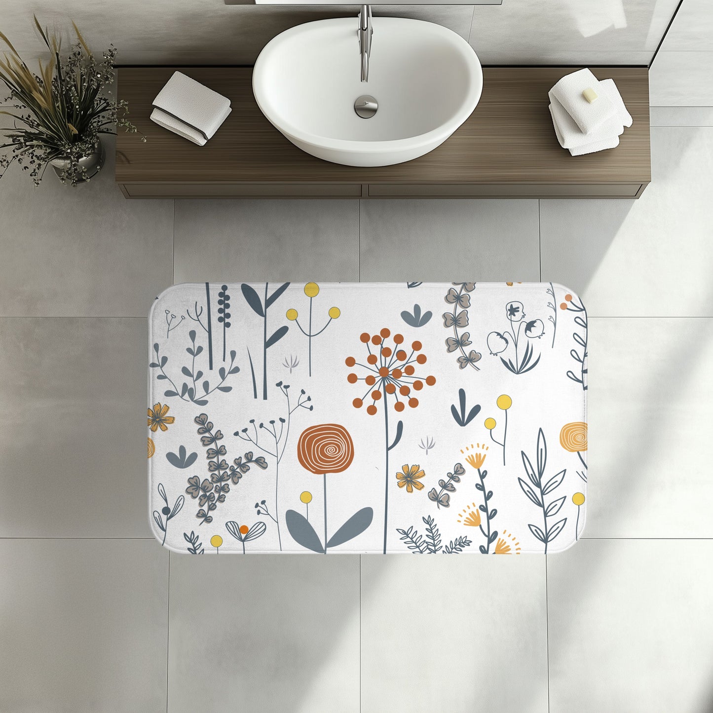 Scandinavian Wildflower Bath Mat, Modern Minimalist Bath Aesthetic