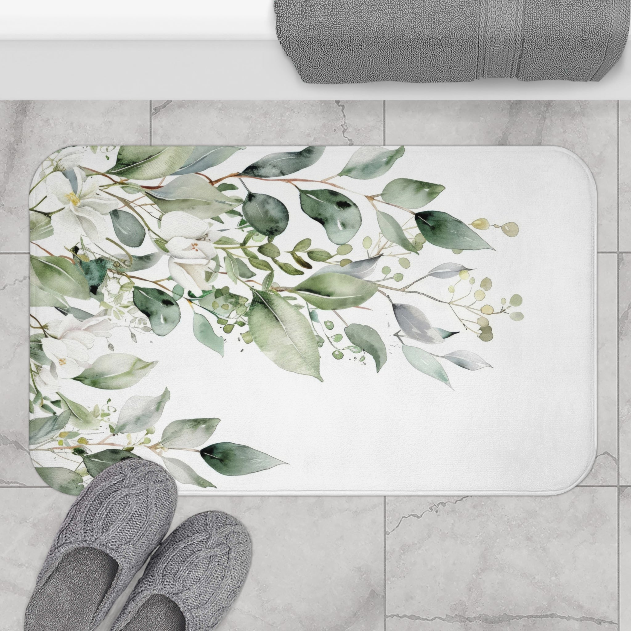 Watercolor Eucalyptus Bath Mat, Botanical Green Bathroom Decor