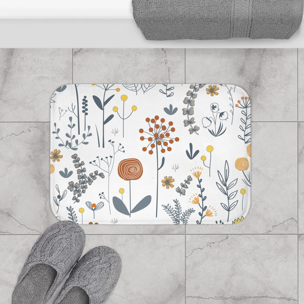 Scandinavian Wildflower Bath Mat, Modern Minimalist Bath Aesthetic