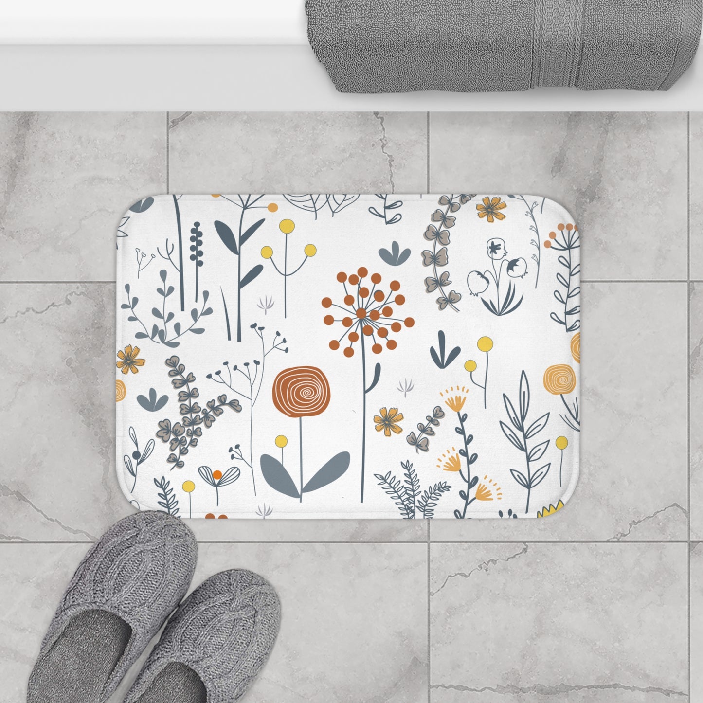 Scandinavian Wildflower Bath Mat, Modern Minimalist Bath Aesthetic