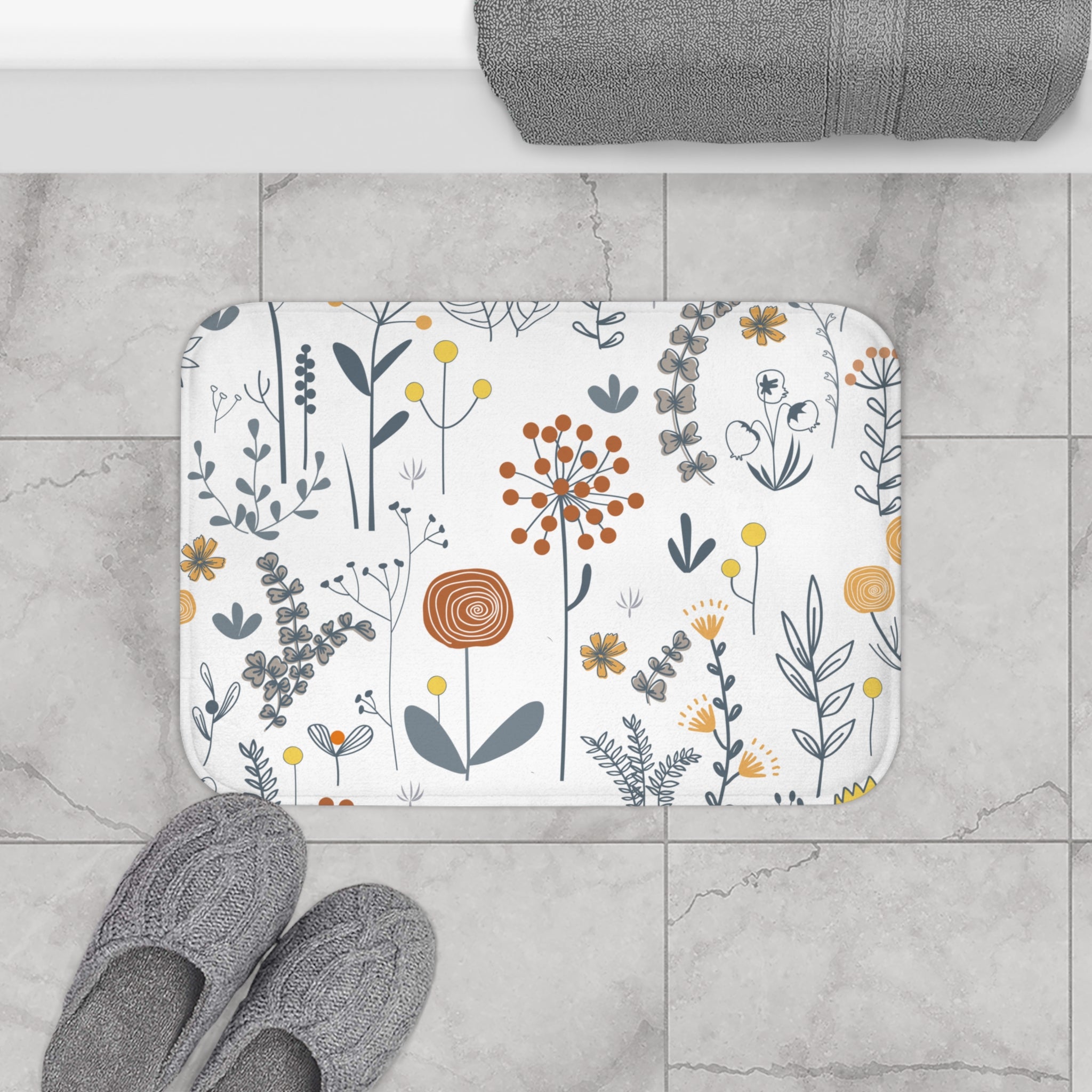 Scandinavian Wildflower Bath Mat, Modern Minimalist Bath Aesthetic