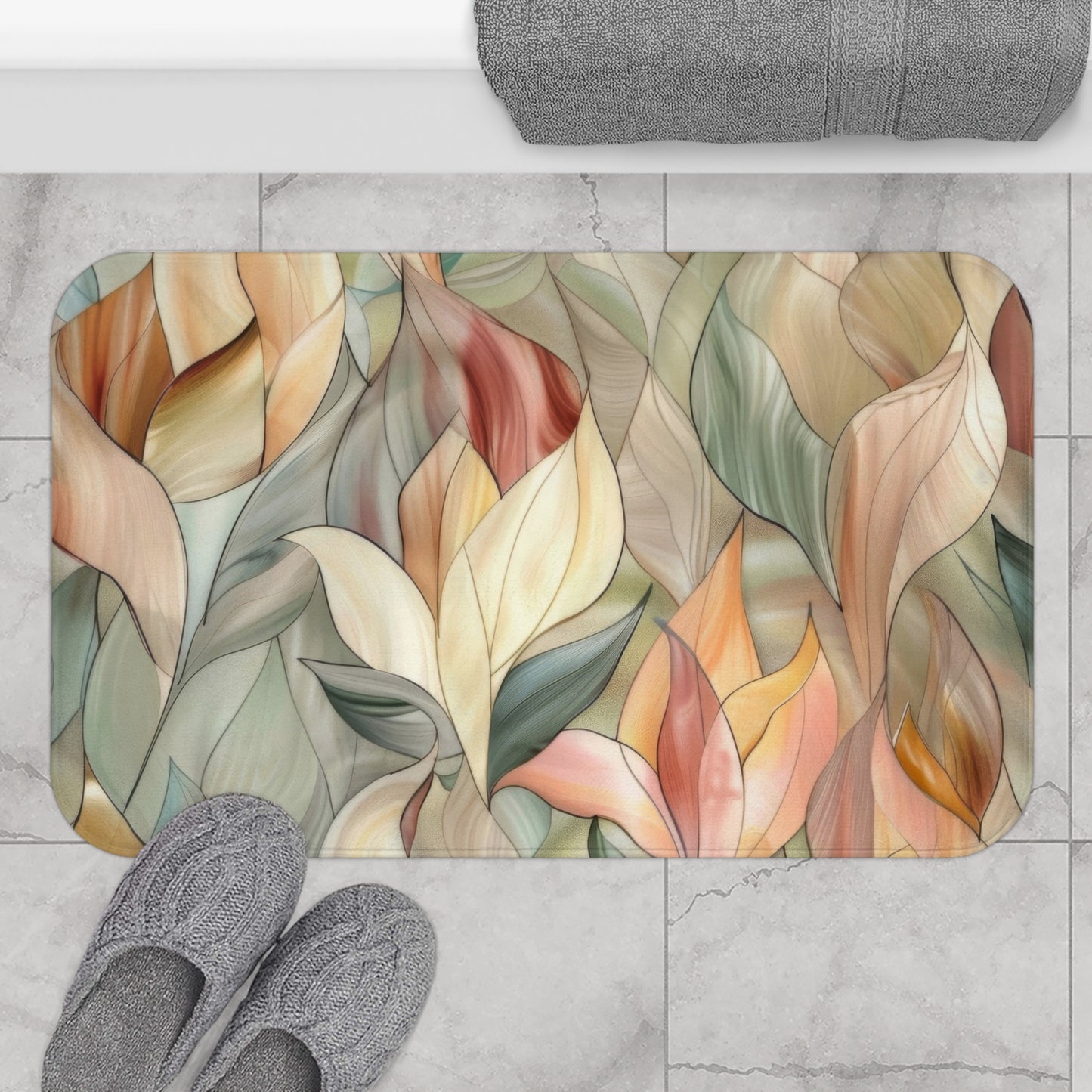 Stained Glass Leaves Design Bath Mat, Minimalist Calming Botanical Bathroom