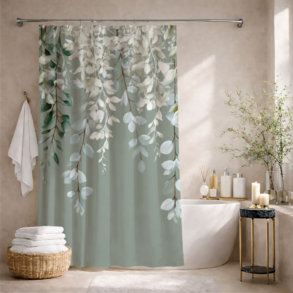 Frozen Sage Eucalyptus Shower Curtains, Muted Gray Botanical Bathroom Decor