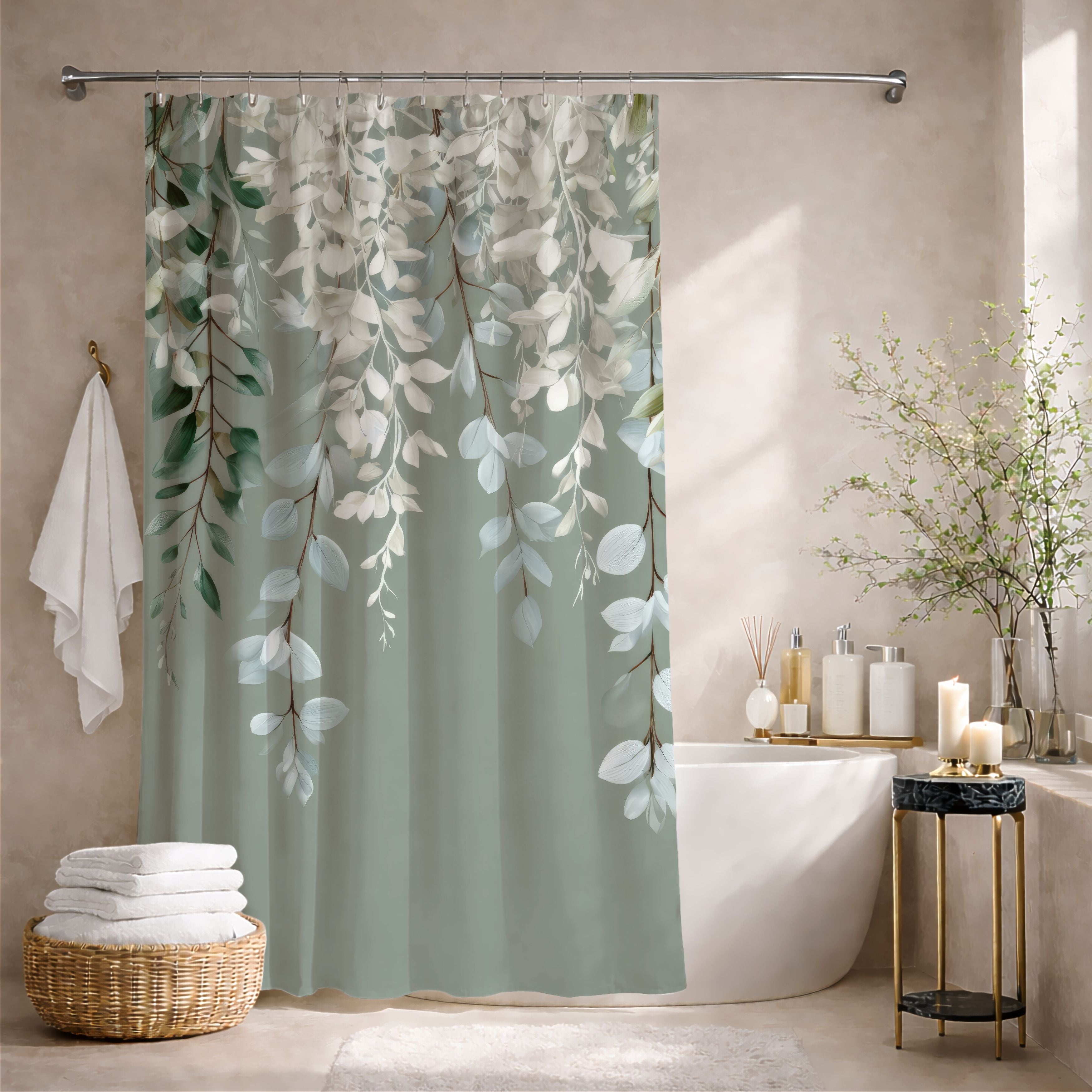 Frozen Sage Eucalyptus Shower Curtains, Muted Gray Botanical Bathroom Decor