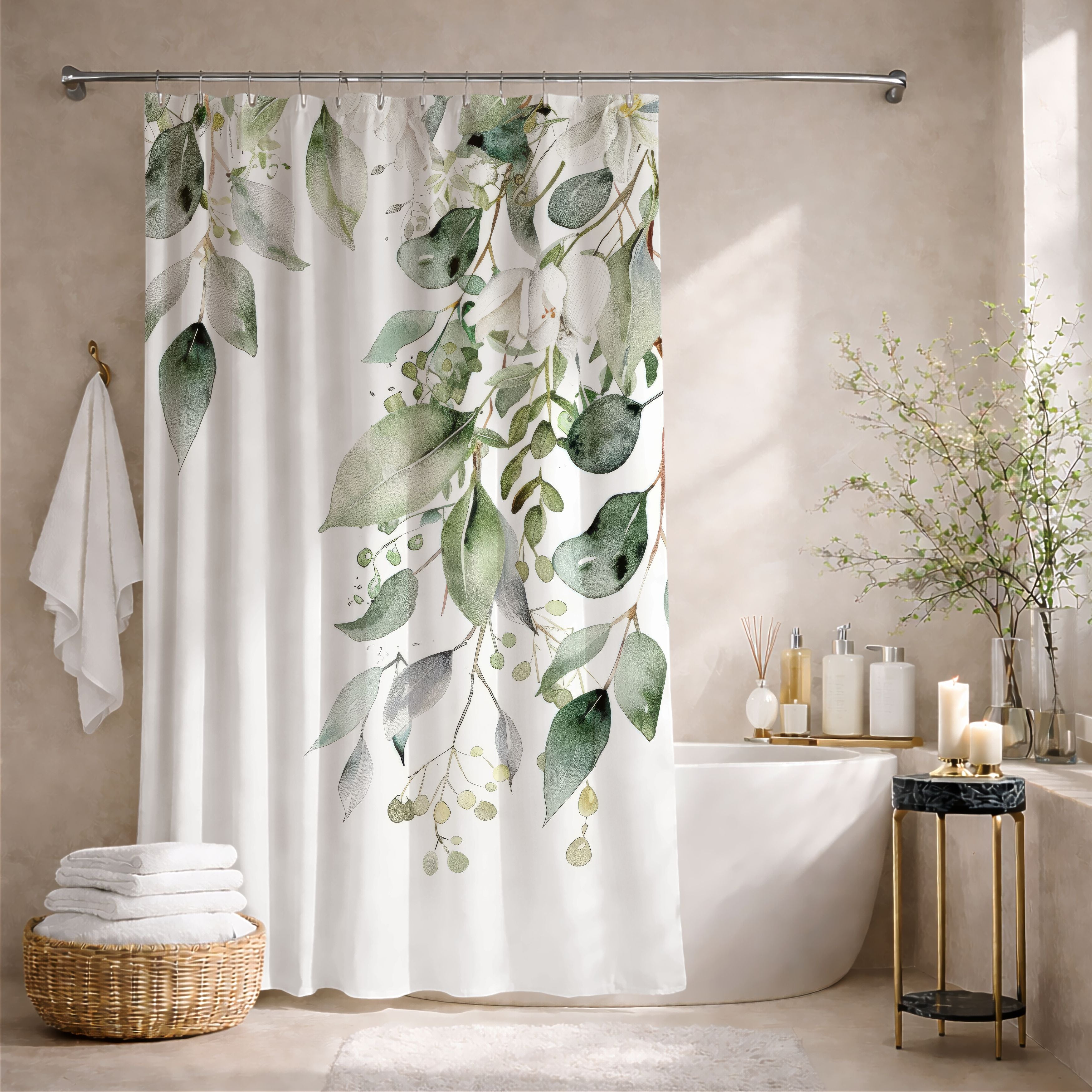 Watercolor Eucalyptus Shower Curtains, Botanical Green Bathroom Decor