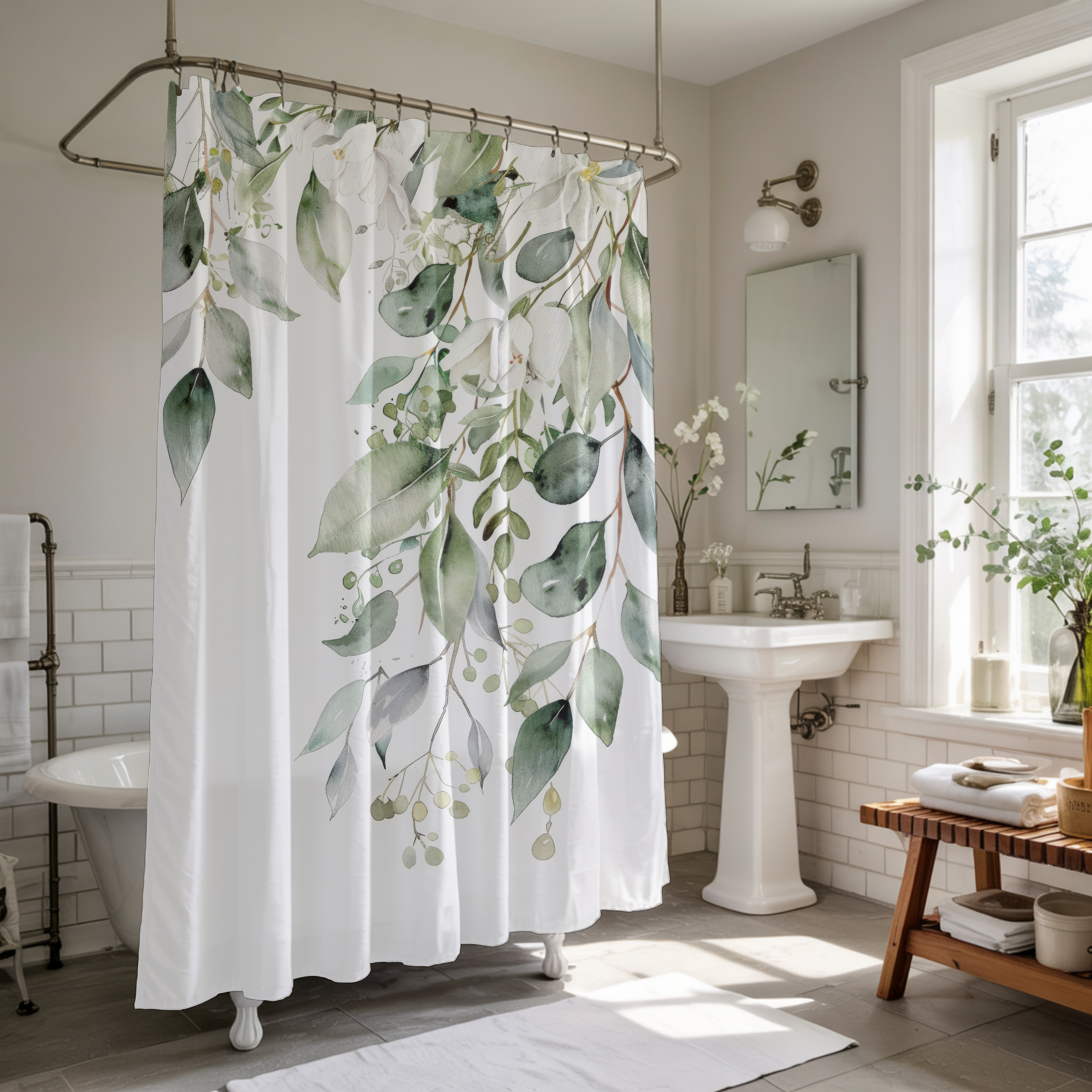 Watercolor Eucalyptus Shower Curtains, Botanical Green Bathroom Decor