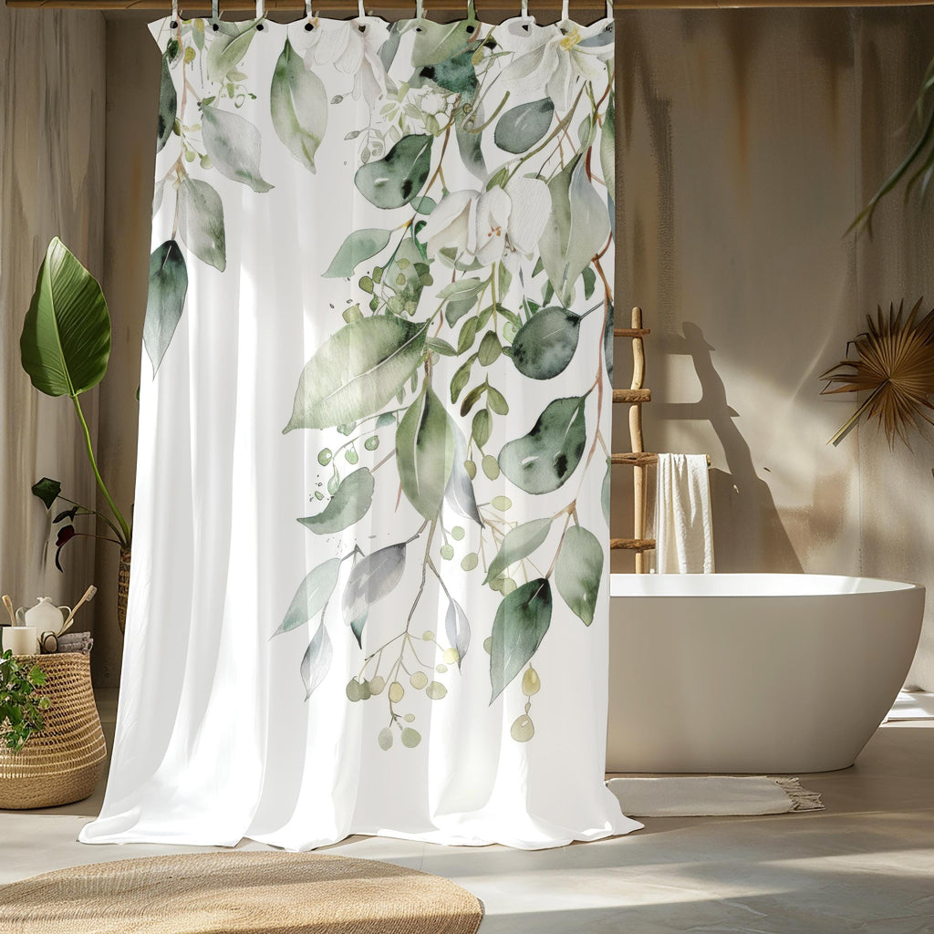 Watercolor Eucalyptus Shower Curtains, Botanical Green Bathroom Decor