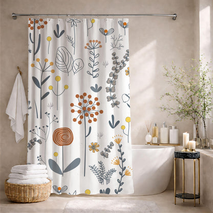 Scandinavian Wildflower Shower Curtains, Modern Minimalist Bath Aesthetic